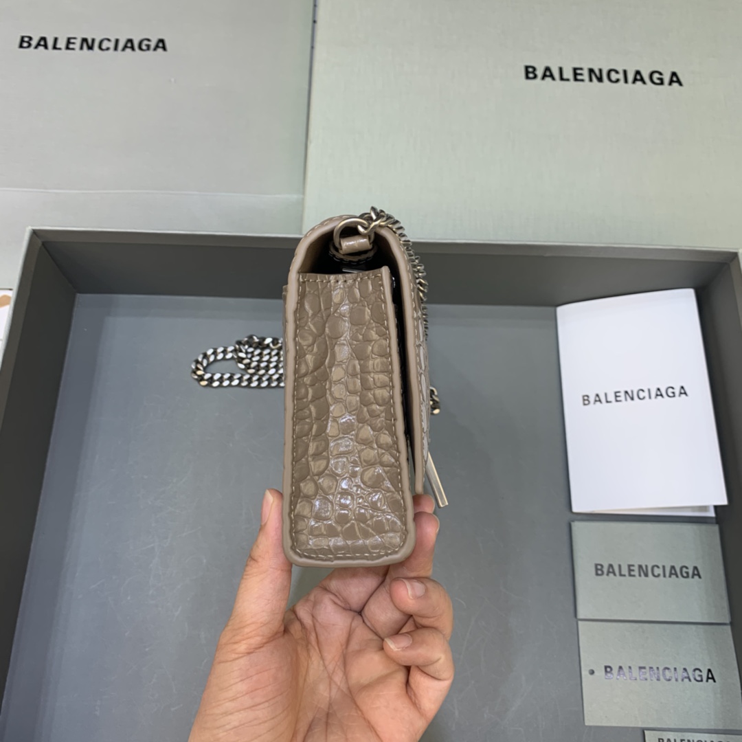 Balenciaga Small Hourglass Wallet With Chain Crocodile Embossed Shoulder Bag Khaki